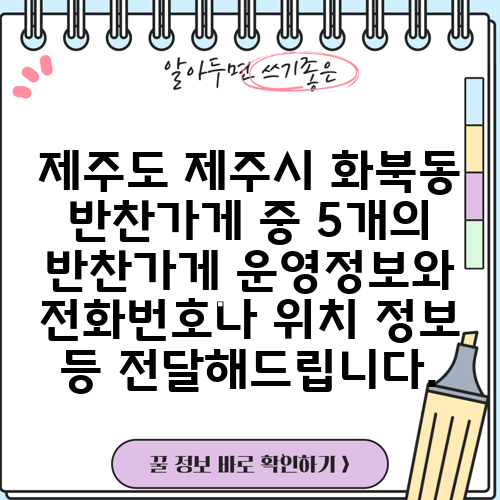 제주도 제주시 화북동 반찬가게 중 5개의 반찬가게 운영정보와 전화번호나 위치 정보 등 전달해드립니다.