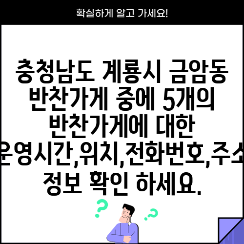 충청남도 계룡시 금암동 반찬가게 중에 5개의 반찬가게에 대한 운영시간,위치,전화번호,주소 정보 확인 하세요.