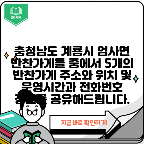 충청남도 계룡시 엄사면 반찬가게들 중에서 5개의 반찬가게 주소와 위치 및 운영시간과 전화번호 정보를 공유해드립니다.
