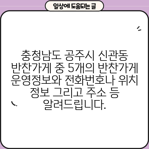 충청남도 공주시 신관동 반찬가게 중 5개의 반찬가게 운영정보와 전화번호나 위치 정보 그리고 주소 등 알려드립니다.