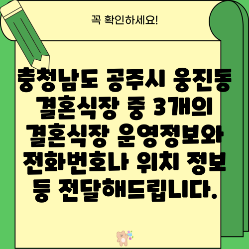 충청남도 공주시 웅진동 결혼식장 중 3개의 결혼식장 운영정보와 전화번호나 위치 정보 등 전달해드립니다.