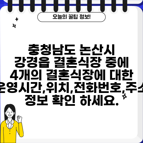 충청남도 논산시 강경읍 결혼식장 중에 4개의 결혼식장에 대한 운영시간,위치,전화번호,주소 정보 확인 하세요.