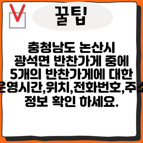 충청남도 논산시 광석면 반찬가게 중에 5개의 반찬가게에 대한 운영시간,위치,전화번호,주소 정보 확인 하세요.