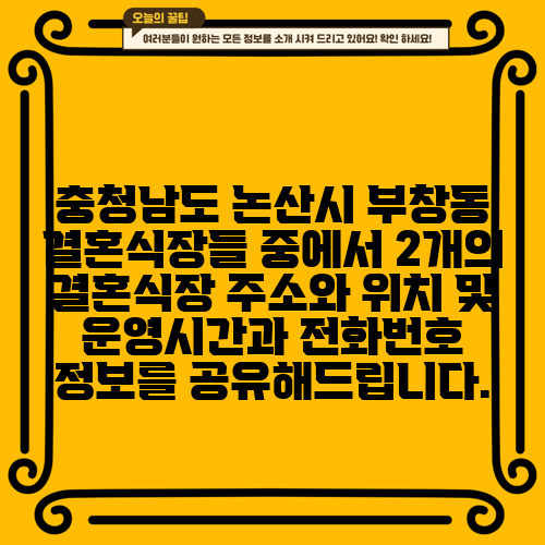 충청남도 논산시 부창동 결혼식장들 중에서 2개의 결혼식장 주소와 위치 및 운영시간과 전화번호 정보를 공유해드립니다.
