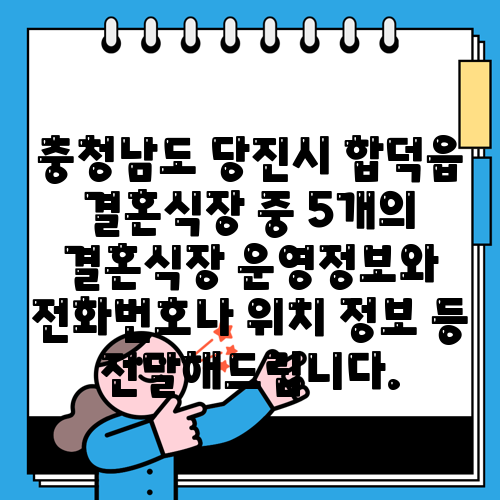 충청남도 당진시 합덕읍 결혼식장 중 5개의 결혼식장 운영정보와 전화번호나 위치 정보 등 전달해드립니다.