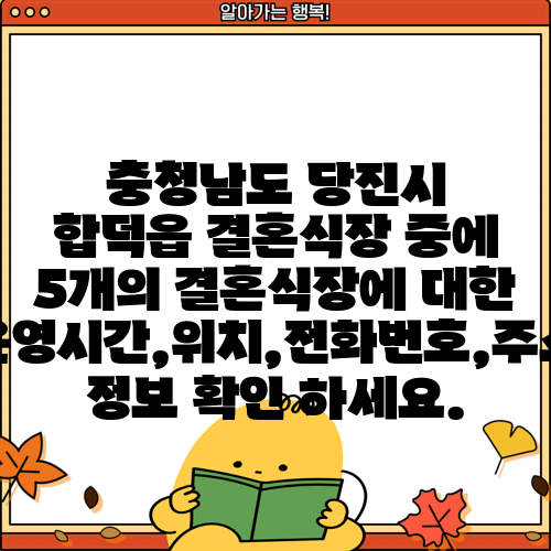 충청남도 당진시 합덕읍 결혼식장 중에 5개의 결혼식장에 대한 운영시간,위치,전화번호,주소 정보 확인 하세요.