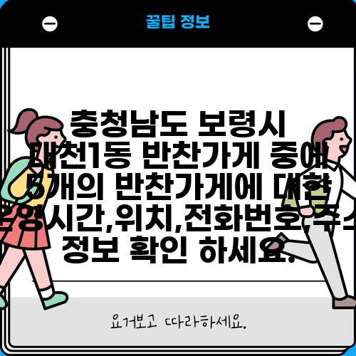 충청남도 보령시 대천1동 반찬가게 중에 5개의 반찬가게에 대한 운영시간,위치,전화번호,주소 정보 확인 하세요.