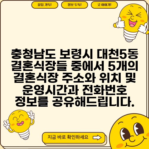 충청남도 보령시 대천5동 결혼식장들 중에서 5개의 결혼식장 주소와 위치 및 운영시간과 전화번호 정보를 공유해드립니다.
