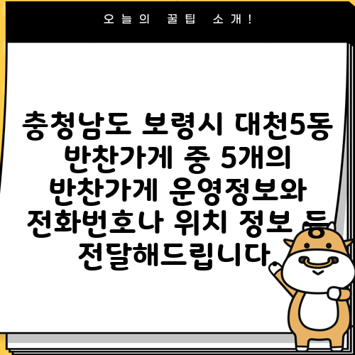 충청남도 보령시 대천5동 반찬가게 중 5개의 반찬가게 운영정보와 전화번호나 위치 정보 등 전달해드립니다.
