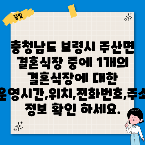 충청남도 보령시 주산면 결혼식장 중에 1개의 결혼식장에 대한 운영시간,위치,전화번호,주소 정보 확인 하세요.