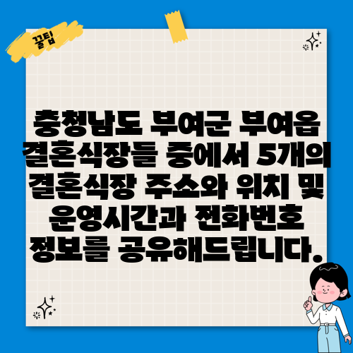 충청남도 부여군 부여읍 결혼식장들 중에서 5개의 결혼식장 주소와 위치 및 운영시간과 전화번호 정보를 공유해드립니다.