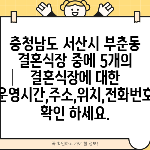 충청남도 서산시 부춘동 결혼식장 중에 5개의 결혼식장에 대한 운영시간,주소,위치,전화번호 확인 하세요.