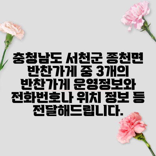 충청남도 서천군 종천면 반찬가게 중 3개의 반찬가게 운영정보와 전화번호나 위치 정보 등 전달해드립니다.