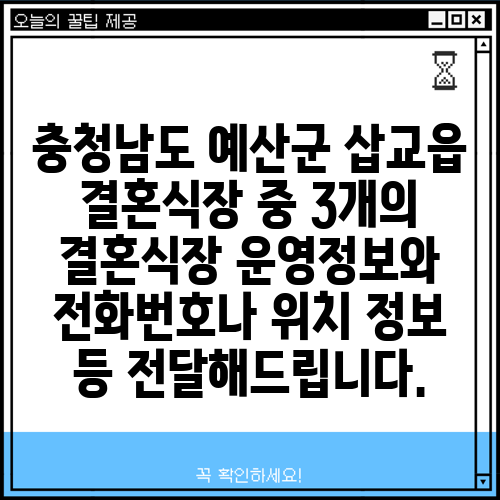 충청남도 예산군 삽교읍 결혼식장 중 3개의 결혼식장 운영정보와 전화번호나 위치 정보 등 전달해드립니다.