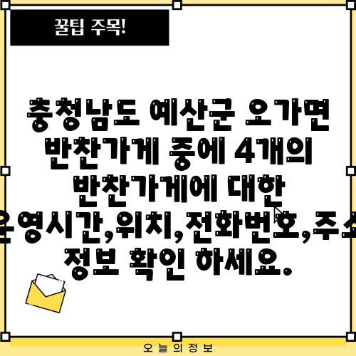 충청남도 예산군 오가면 반찬가게 중에 4개의 반찬가게에 대한 운영시간,위치,전화번호,주소 정보 확인 하세요.