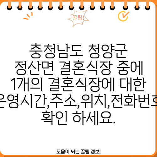 충청남도 청양군 정산면 결혼식장 중에 1개의 결혼식장에 대한 운영시간,주소,위치,전화번호 확인 하세요.