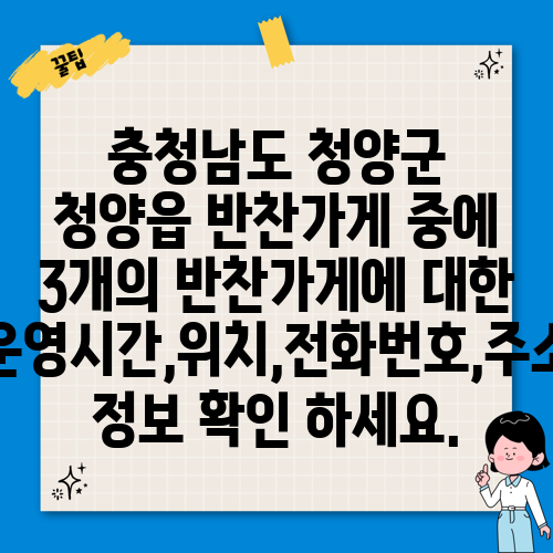 충청남도 청양군 청양읍 반찬가게 중에 3개의 반찬가게에 대한 운영시간,위치,전화번호,주소 정보 확인 하세요.