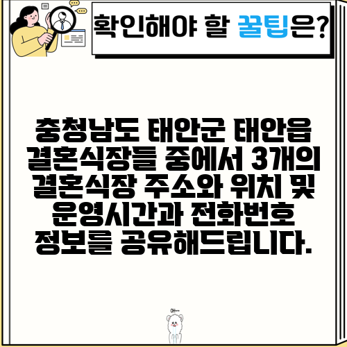 충청남도 태안군 태안읍 결혼식장들 중에서 3개의 결혼식장 주소와 위치 및 운영시간과 전화번호 정보를 공유해드립니다.