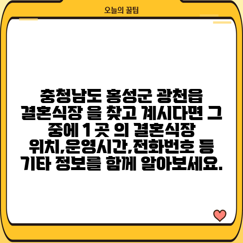 충청남도 홍성군 광천읍 결혼식장 을 찾고 계시다면 그 중에 1 곳 의 결혼식장 위치,운영시간,전화번호 등 기타 정보를 함께 알아보세요.