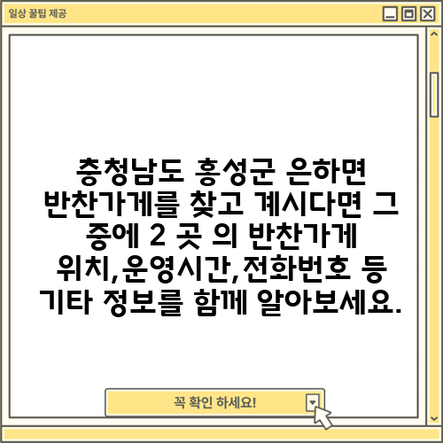 충청남도 홍성군 은하면 반찬가게를 찾고 계시다면 그 중에 2 곳 의 반찬가게 위치,운영시간,전화번호 등 기타 정보를 함께 알아보세요.