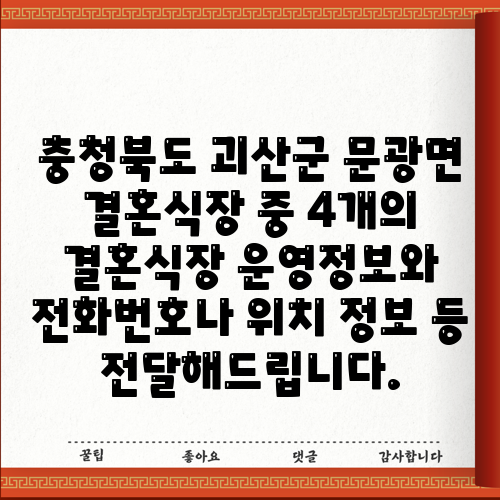 충청북도 괴산군 문광면 결혼식장 중 4개의 결혼식장 운영정보와 전화번호나 위치 정보 등 전달해드립니다.