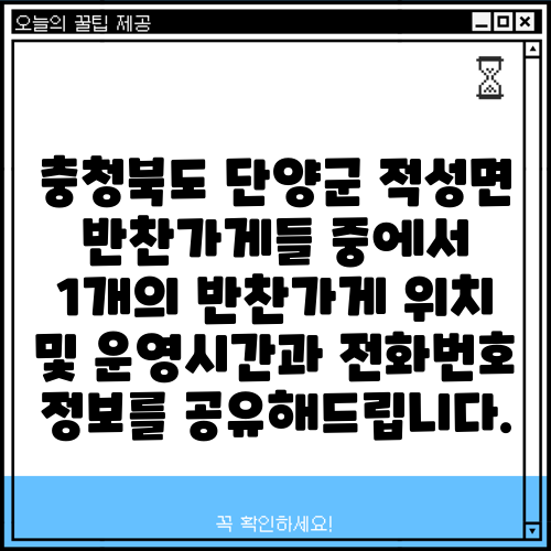 충청북도 단양군 적성면 반찬가게들 중에서 1개의 반찬가게 위치 및 운영시간과 전화번호 정보를 공유해드립니다.