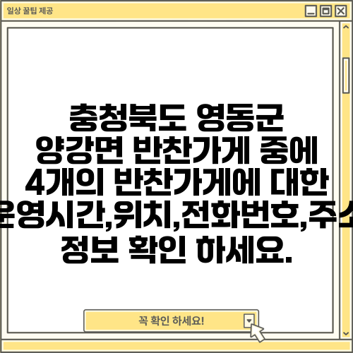 충청북도 영동군 양강면 반찬가게 중에 4개의 반찬가게에 대한 운영시간,위치,전화번호,주소 정보 확인 하세요.