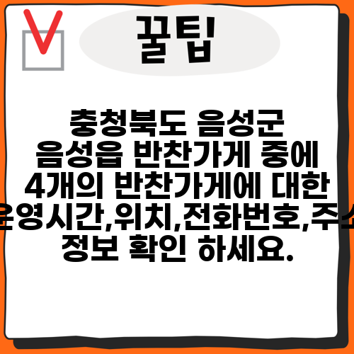 충청북도 음성군 음성읍 반찬가게 중에 4개의 반찬가게에 대한 운영시간,위치,전화번호,주소 정보 확인 하세요.