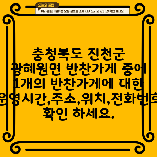 충청북도 진천군 광혜원면 반찬가게 중에 1개의 반찬가게에 대한 운영시간,주소,위치,전화번호 확인 하세요.