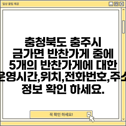 충청북도 충주시 금가면 반찬가게 중에 5개의 반찬가게에 대한 운영시간,위치,전화번호,주소 정보 확인 하세요.