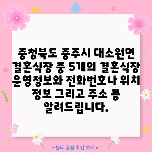 충청북도 충주시 대소원면 결혼식장 중 5개의 결혼식장 운영정보와 전화번호나 위치 정보 그리고 주소 등 알려드립니다.