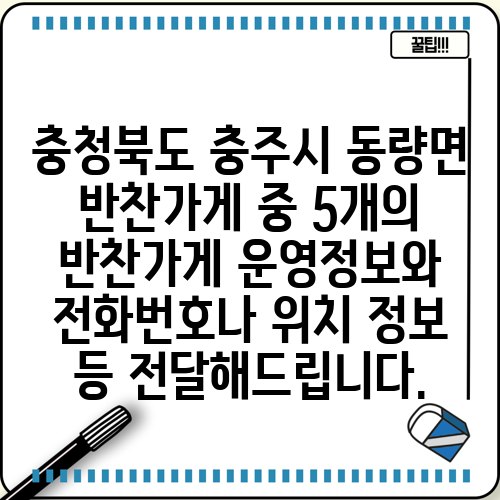 충청북도 충주시 동량면 반찬가게 중 5개의 반찬가게 운영정보와 전화번호나 위치 정보 등 전달해드립니다.