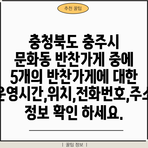 충청북도 충주시 문화동 반찬가게 중에 5개의 반찬가게에 대한 운영시간,위치,전화번호,주소 정보 확인 하세요.
